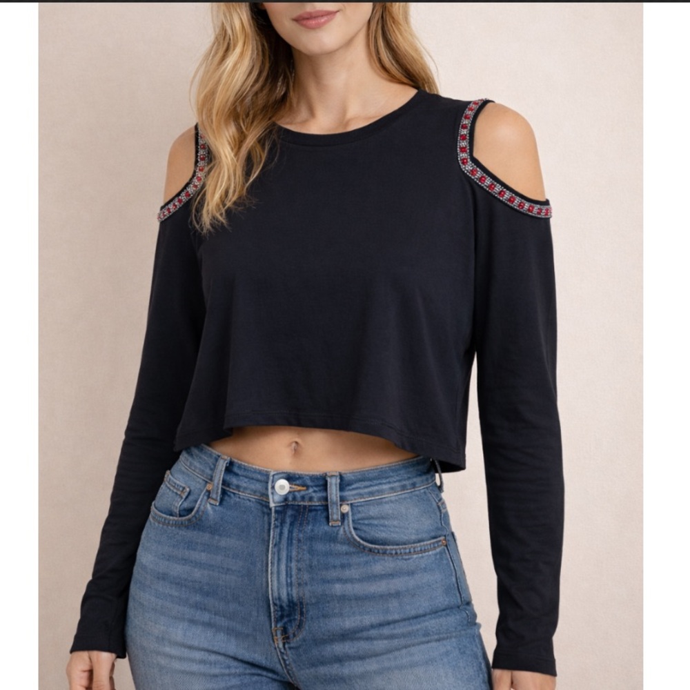 The Kooples Sport Embellished Cold Shoulder Cottom Cropped Top – Size Small